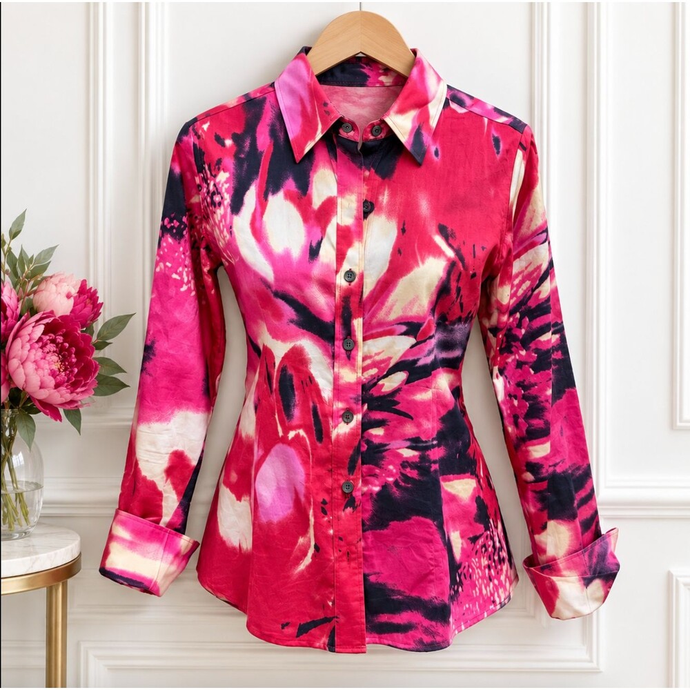Paperwhite Italian Fabric Pink Floral Blouse Abstract Print Button Up Shirt 6
